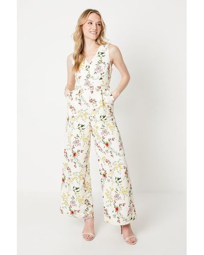 Oasis Ivory Floral Ottoman Twill Belted Wide Leg Jumpsuit - Natural