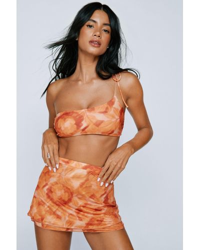 Nasty Gal Blurred Floral One Shoulder Bikini And Mesh Sarong 3pc Set - Orange