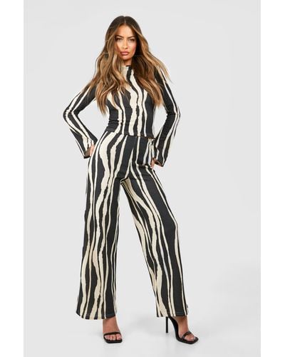 Boohoo Textured Zebra Print Wide Leg Trousers - Black
