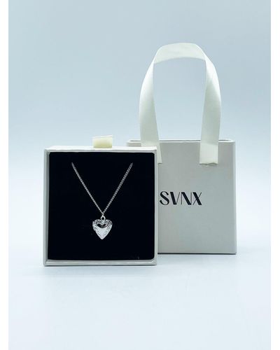 SVNX Small Heart Locket Necklace In Silver - Blue
