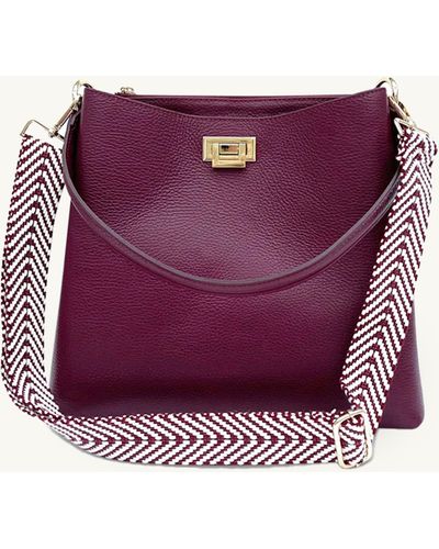 Apatchy London Plum Leather Tote Bag With Plum Chevron Strap - Purple