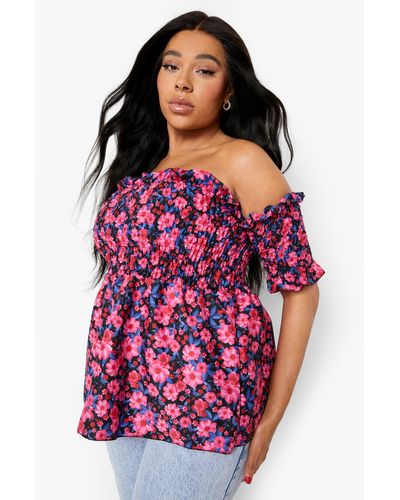 Boohoo Plus Floral Shirred Bardot Top