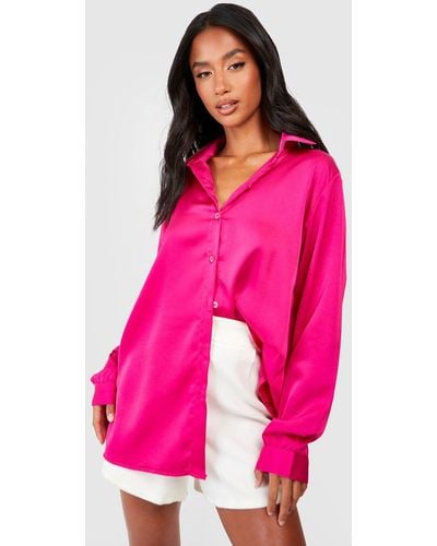 Boohoo Petite Satin Oversized Shirt - Pink