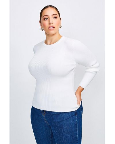 Karen Millen Plus Size Knitted Rib Long Sleeve Crew Neck Top - White