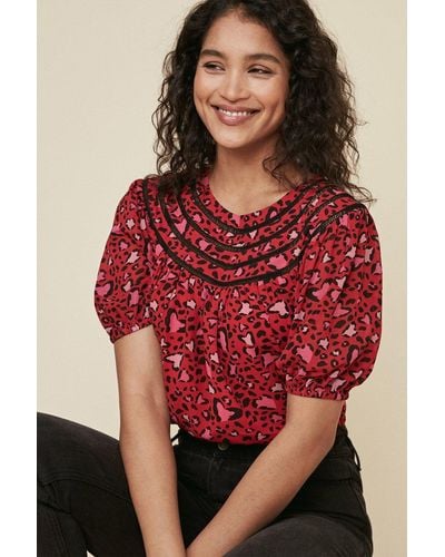 Oasis Animal Heart Ladder Trim Blouse - Red
