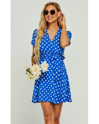 FS Collection White Polka Dot Print High Waist Wrap Neckline Mini Dress In Blue