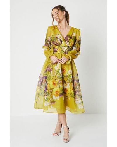 Coast Printed Blouson Sleeve Organza Midi Dress - Yellow