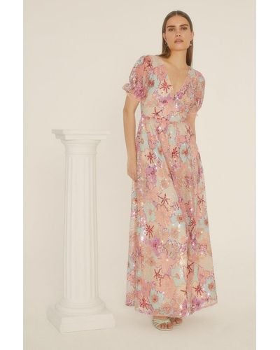 Oasis Sequin Embroidered Floral Mesh V Neck Maxi Dress - Pink