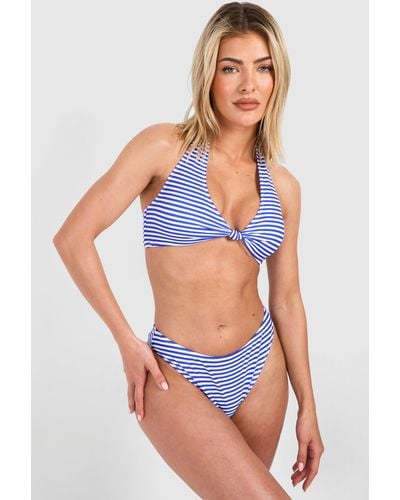 Boohoo Stripe Halterneck Padded Bikini Set - Blue