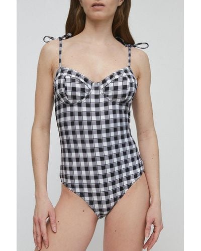 Warehouse Gingham Ribbed Tie Shoulder Cupped Swimsuit - Black