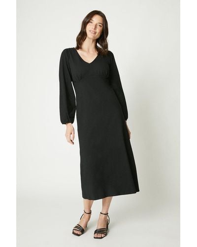 MAINE Plain V Neck 3/4 Sleeve Midi Dress - Black