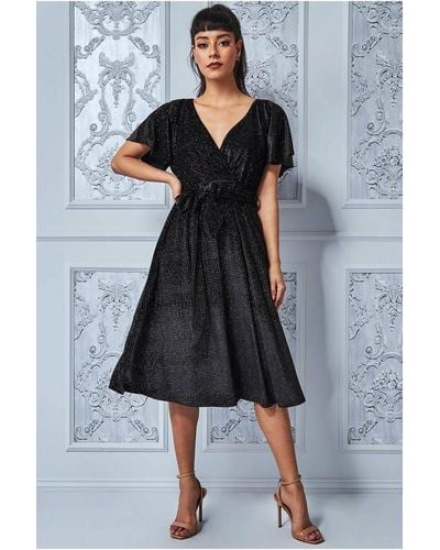 Goddiva Sparkle Wrap Style Flutter Sleeve Midi Dress - Black