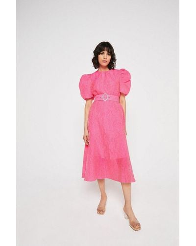Warehouse Puff Sleeve Dress In Crinkle Organza - Pink