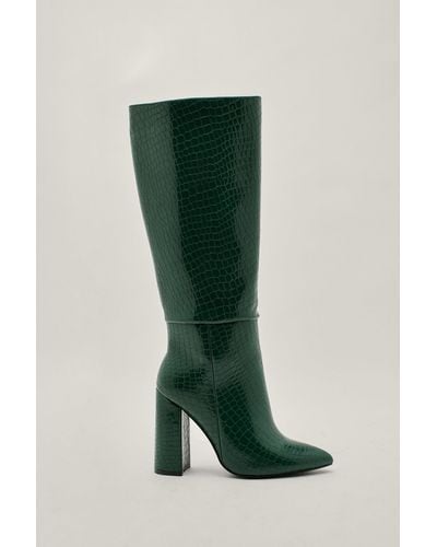 Nasty Gal Faux Leather Croc Embossed Knee High Boots - Green