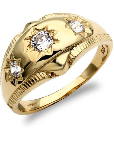 Jewelco London 9ct Gold Cz Star Set 3 Stone Trilogy Gypsy Ring - Metallic