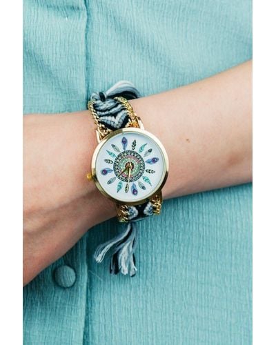 The Colourful Aura Black Boho Mandala Art Bohemian Jute Knitted Strap Bracelet Wrist Watch - Green
