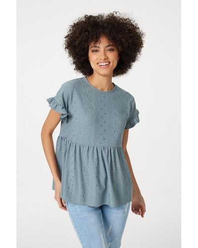 Izabel London Broderie Anglaise Smock Top - Blue