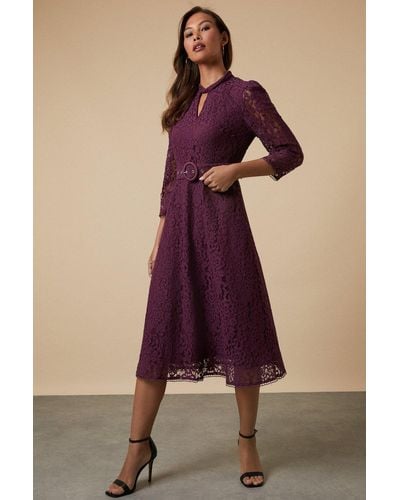 Wallis Lace High Neck Belted Midi Dress - Purple