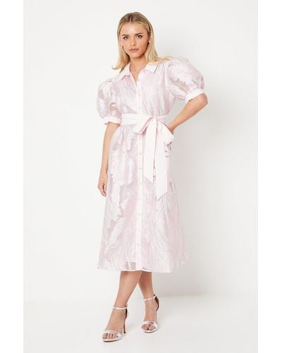 Coast Petite Puff Sleeve Jacquard Shirt Dress - Pink