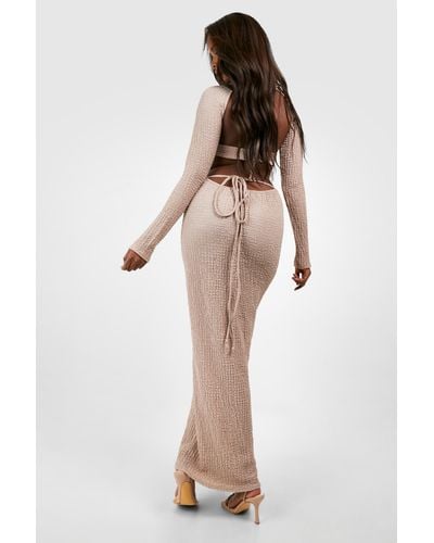 Boohoo Crinkle Open Back Tie Detail Maxi Dress - Natural