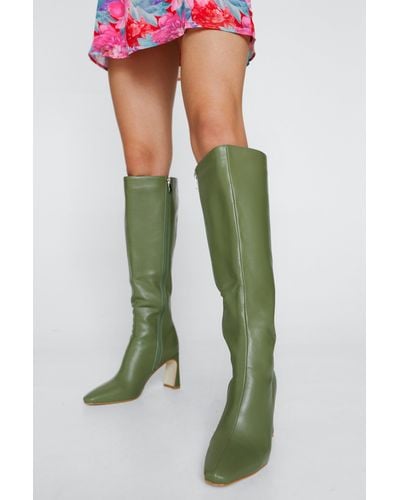 Nasty Gal Faux Leather Flared Heel Knee High Boots - Green