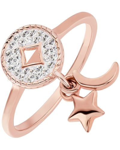 The Fine Collective Sterling Silver Rose Gold Plated Crystal Crescent Moon & Star Charm Ring - Pink