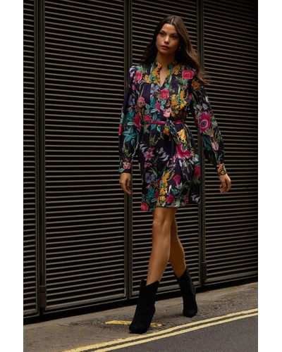 Oasis Floral Printed Belted Button Through Mini Dress - Black