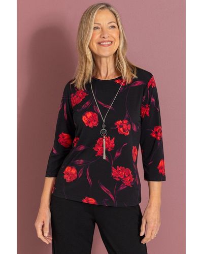 Anna Rose Floral Print Top With Necklace - Red