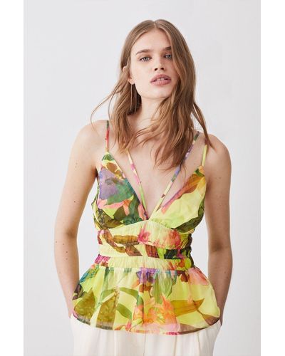 Karen Millen Tropical Orchid Strappy Shirred Woven Top - Green