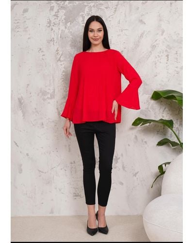 Hoxton Gal Oversized Bell Sleeve Detailed Pleated Blouse Top - Red