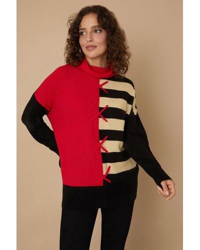 Wallis Red Whipstitch Colour Block Polo Neck Jumper