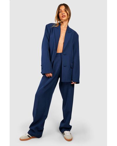 Boohoo Pleat Front Straight Leg Tailored Trousers - Blue