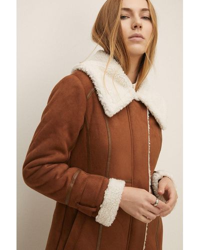 Oasis Suedette And Borg Longline Aviator Coat - Brown