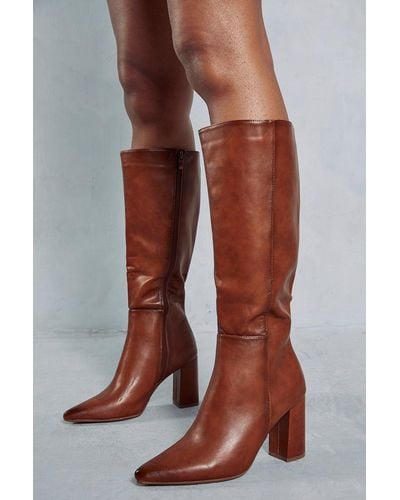 MissPap Leather Look Block Heel Knee High Boots - Brown