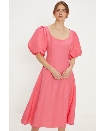 Oasis Linen Mix Puff Sleeve Midi Dress - Pink