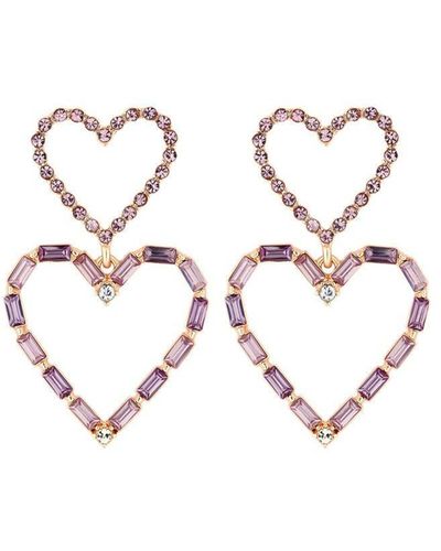 Lipsy Rose Gold With Crystal Double Heart Drop Earrings - Pink