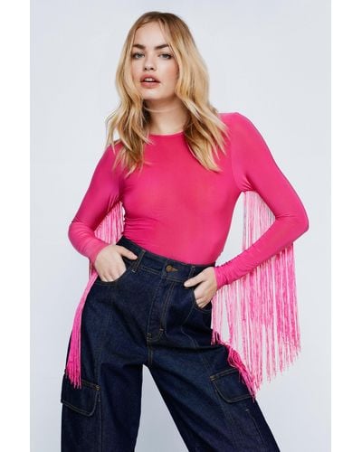 Nasty Gal Long Sleeve Fringed Bodysuit - Pink