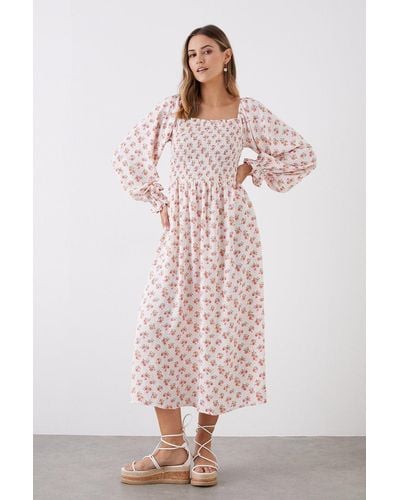 Dorothy Perkins Pink Print Shirred Bodice Midi Dress