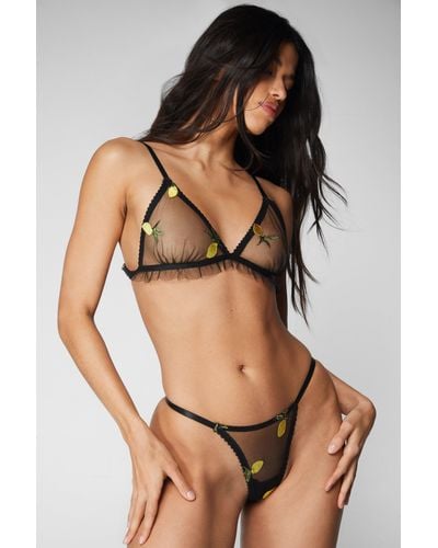 Nasty Gal Lemon And Pineapple Embroidered Tie Ruffle Triangle Lingerie Set - Black