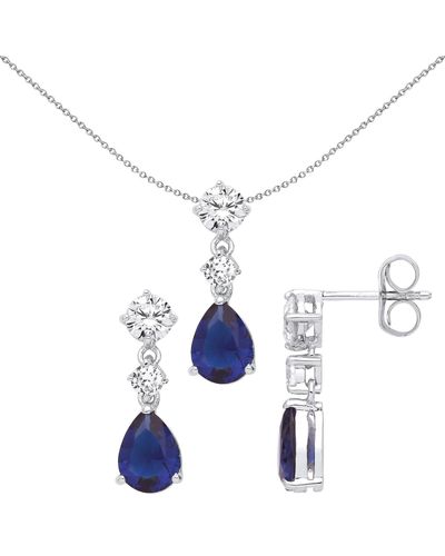 Jewelco London Silver Sapphire-blue Trilogy Tears Of Joy Earrings Necklace Set - Gset630