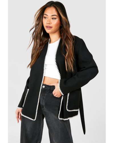 Boohoo Contrast Blanket Stitch Belted Wool Look Coat - Black