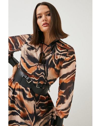 Karen Millen Plus Size Animal Pu Trim And Belt Woven Mini Dress - Brown