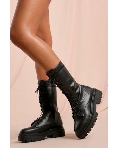 MissPap Leather Look Calf High Lace Up Boots - Black