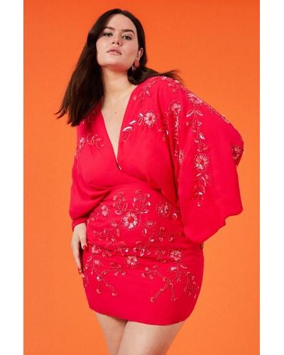 Coast Plus Size All Over Beaded V Neck Kimono Mini Dress - Red