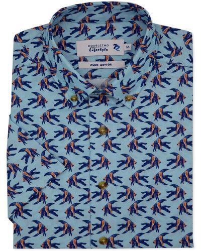Double Two Blue Tropical Fish Print Short Sleeve Casual Shirt