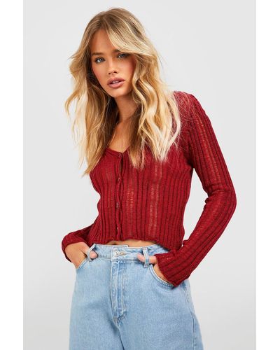 Boohoo Crochet Ladder Crop Cardigan - Red