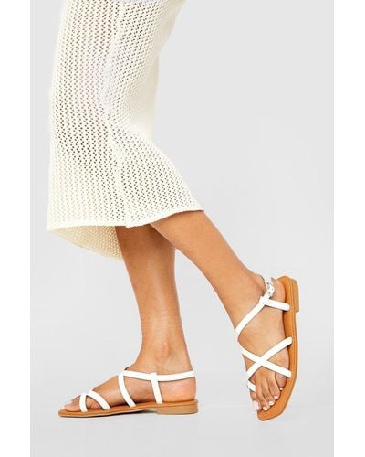 Boohoo Wide Fit Square Toe Strappy Basic Flat Sandals - White