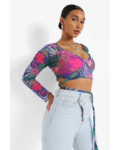 Boohoo Tropical Print Wrap Top - Green