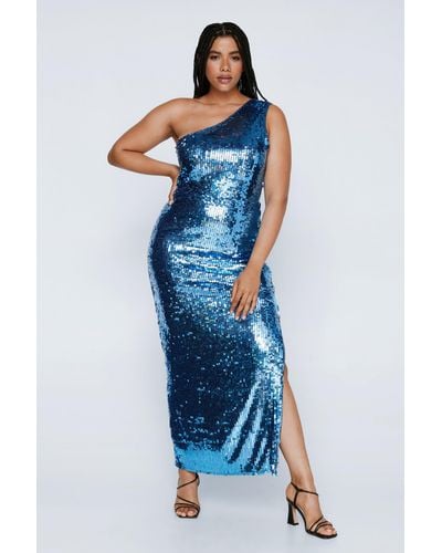 Nasty Gal Plus Size One Shoulder Maxi Sequin Dress - Blue