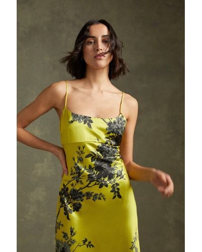 Oasis Shadow Floral Empire Seam Strappy Satin Slip Dress - Green
